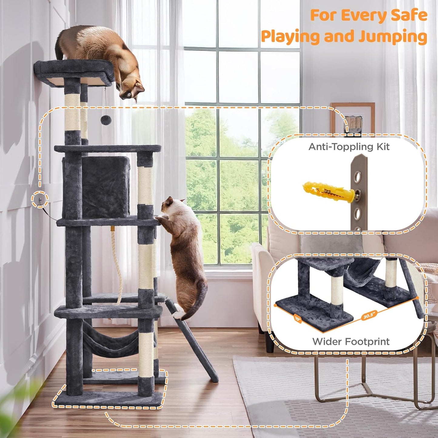 Cat Tree Cat Tower, 63 Inches Multi-Level Cat Tree for Indoor Cats, Tall Cat Tree with Sisal-Covered Scratching Posts & Condo, Cat Furniture Activity Center for Cats Kitten